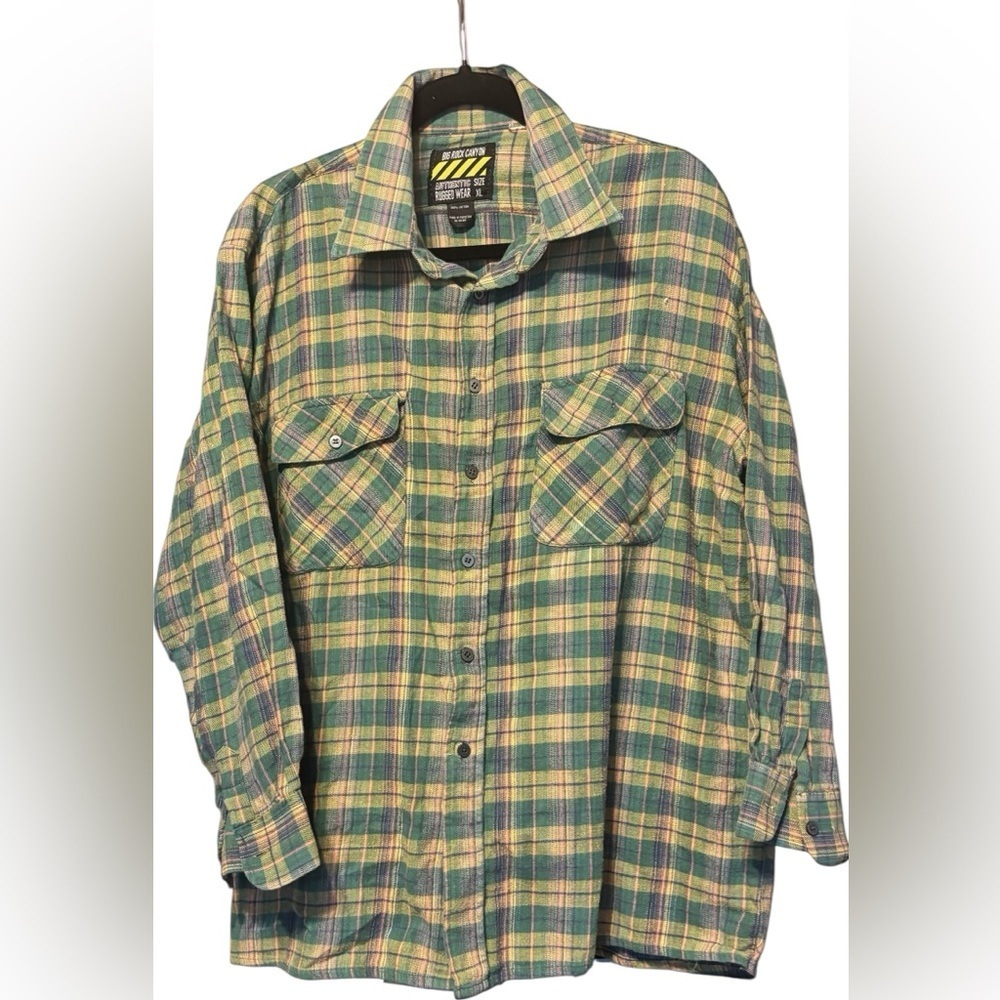 Big Rock Canyon Flannel Shirt Green Pink Yellow Plaid 100% Cotton Size XL Unisex